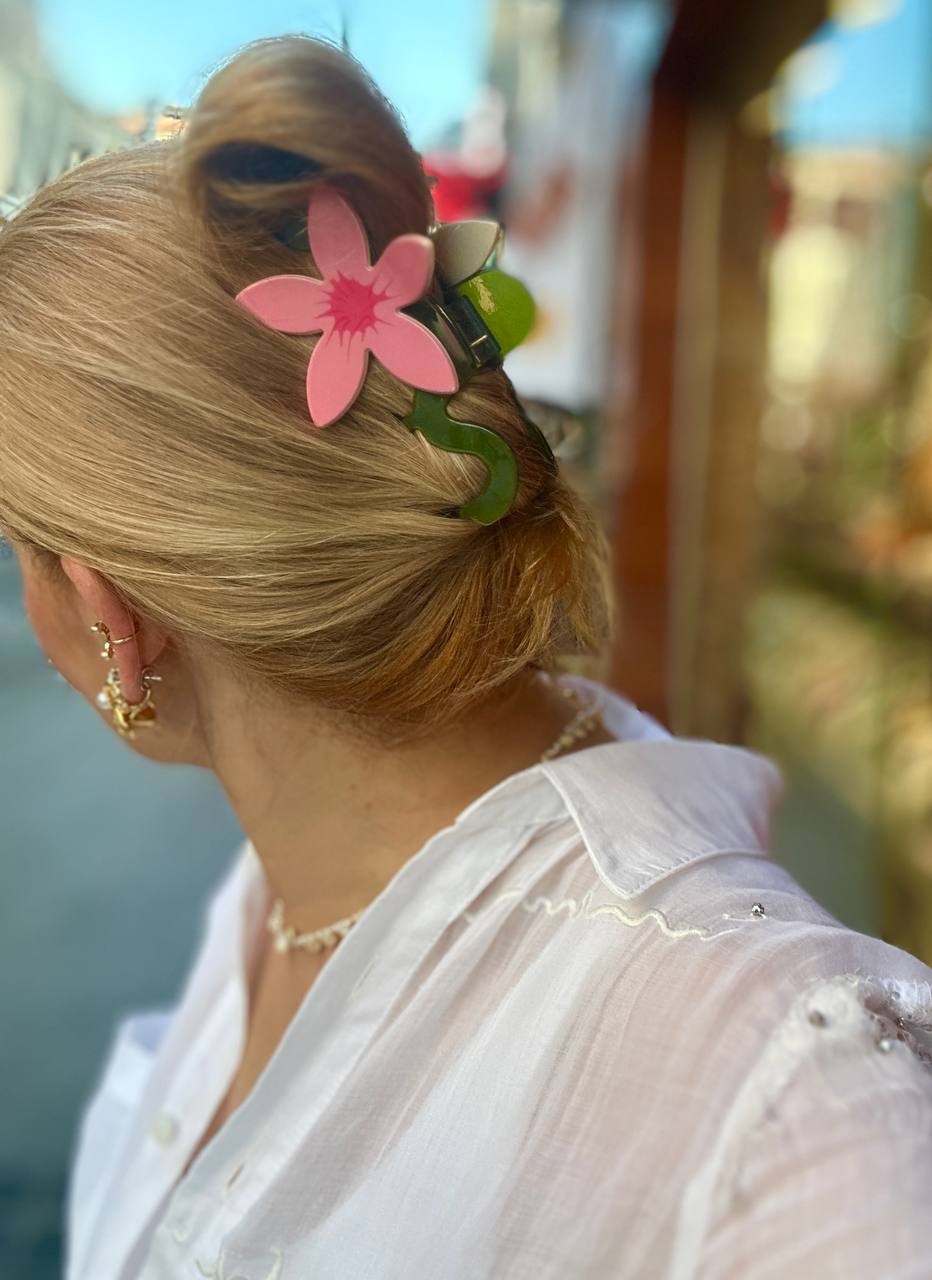 Yeşil Pembe Çiçek Figürlü Marka Model Mandal Toka Uzunluk 10 cm.