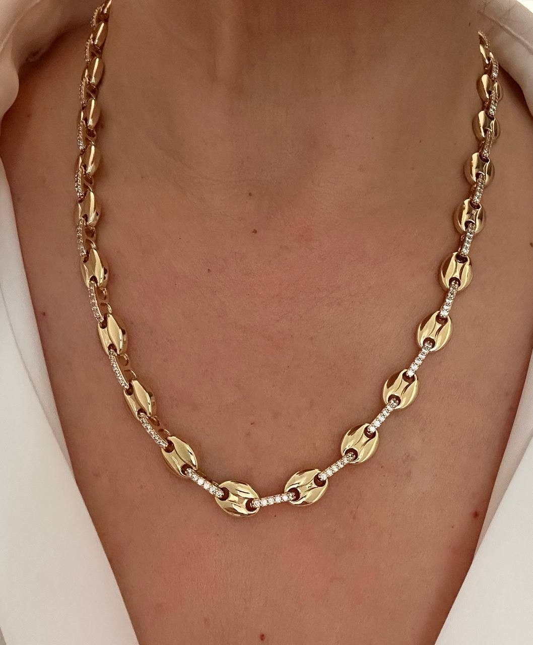 Vip Çelik Gold Renk Zirkon Taşlı Özel Tasarım Düğme Zincir Kolye Uzunluk 50 cm.