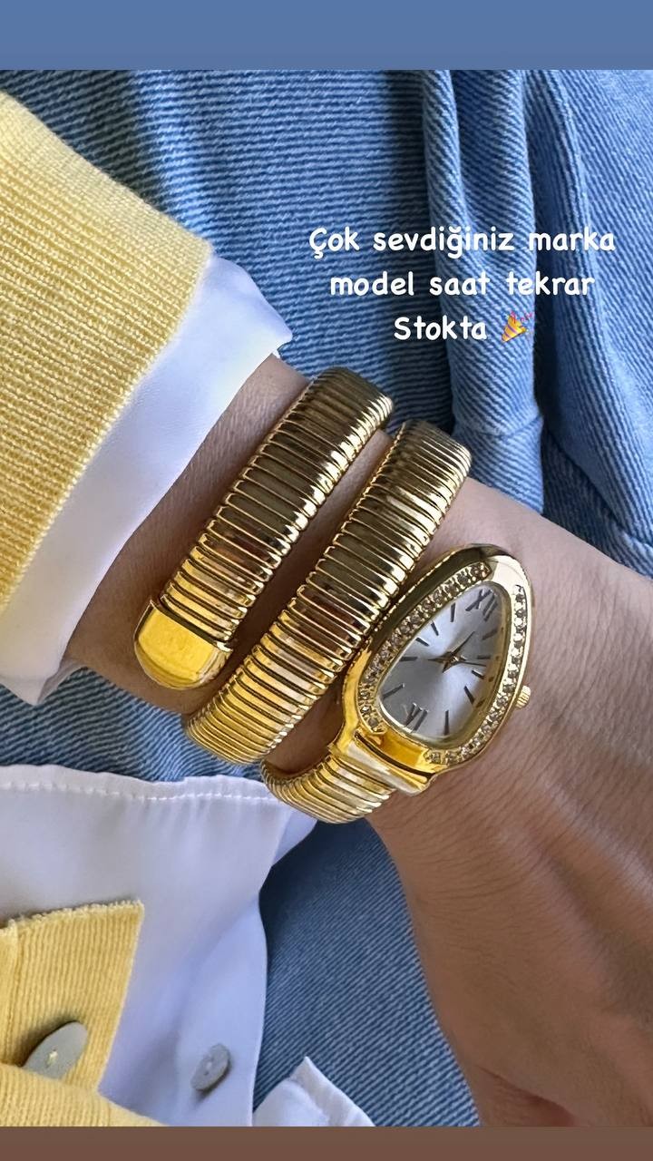Gold Renk Kristal Taşlı Beyaz Kadranlı Yılan Tasarım Spiral Kadın Kol Saati