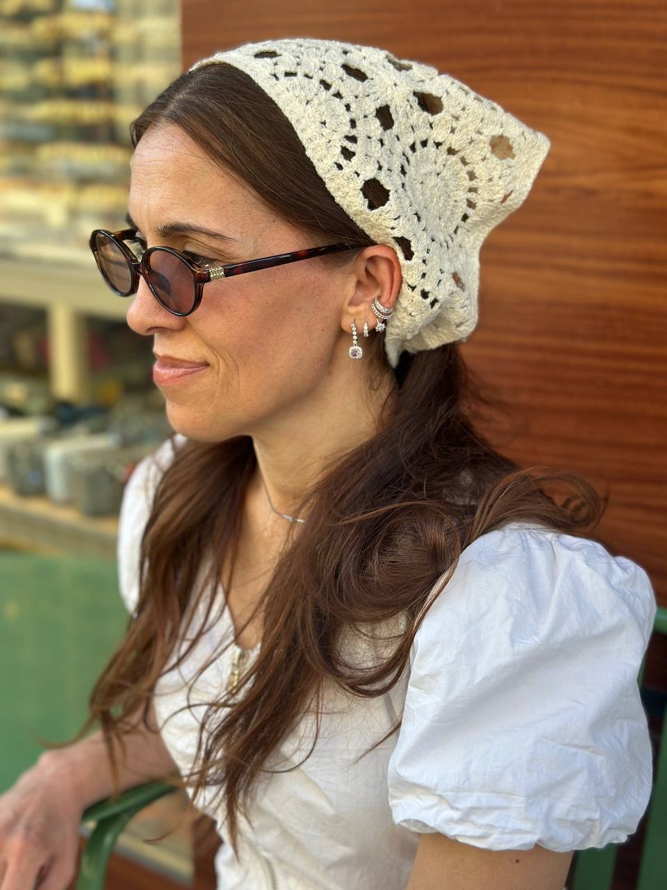 Krem Rengi Örgü Bandana