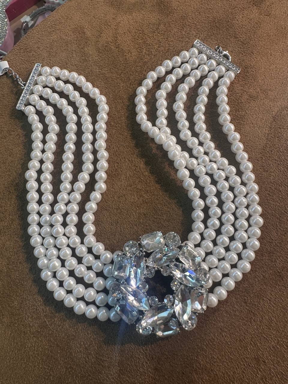 Vip Çelik Gümüş Renk Zirkon Taşlı ve Cam İnci Detaylı 5 Sıra Tasma Kolye Uzunluk Min. 32 cm. Max. 45 cm.