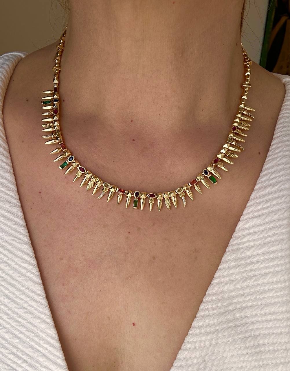 Gold Renk Zirkon Renkli Taşlı Lazer Kesim Vip Seri Rodyum Kaplama Kolye Uzunluk 45 cm.