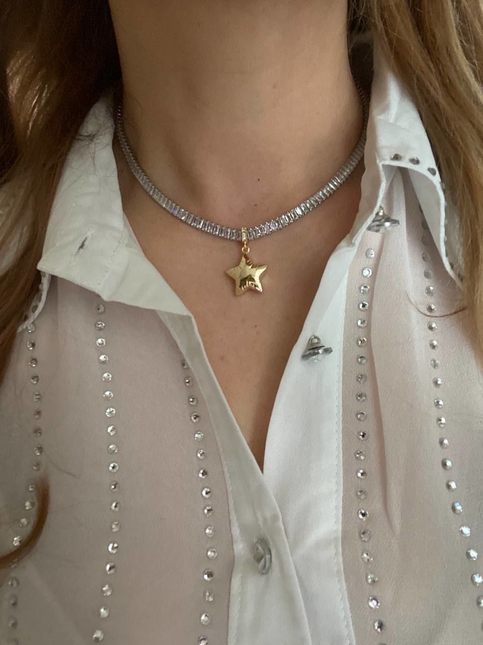 Platin Renk Zirkon Baget Taş Rodyum Kaplama Yıldız Sallantılı Su Yolu Choker Kolye Uzunluk 36 cm. Ek Klipsle 39 cm.