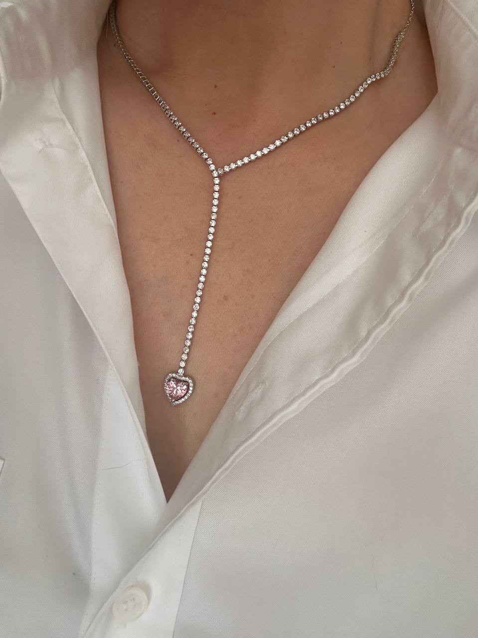 Gümüş Renk Rodyum Kaplama Zirkon Pembe Kalp Taş Sallantılı Su Yolu ( Y ) Kolye Uzunluk Min. 40 cm. Max. 50 cm.