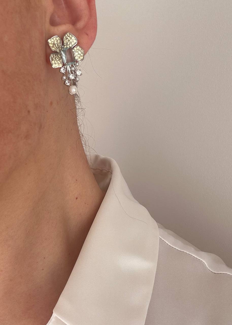 Vip Seri Gümüş Renk 925 K Gümüş Kaplama Zirkon Renkli Taşlı İnci Detaylı Çiçek Figürlü Küpe Genişlik 2 cm. Uzunluk 3 cm.