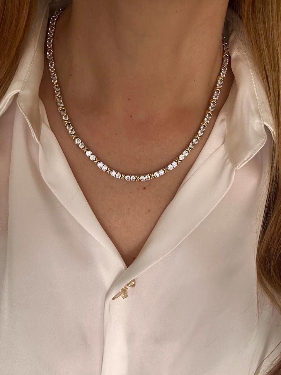 Platin ve Gold Renk Zirkon Taşlı Rodyum Kaplama Marka Model Su Yolu Kolye Uzunluk 45 cm.