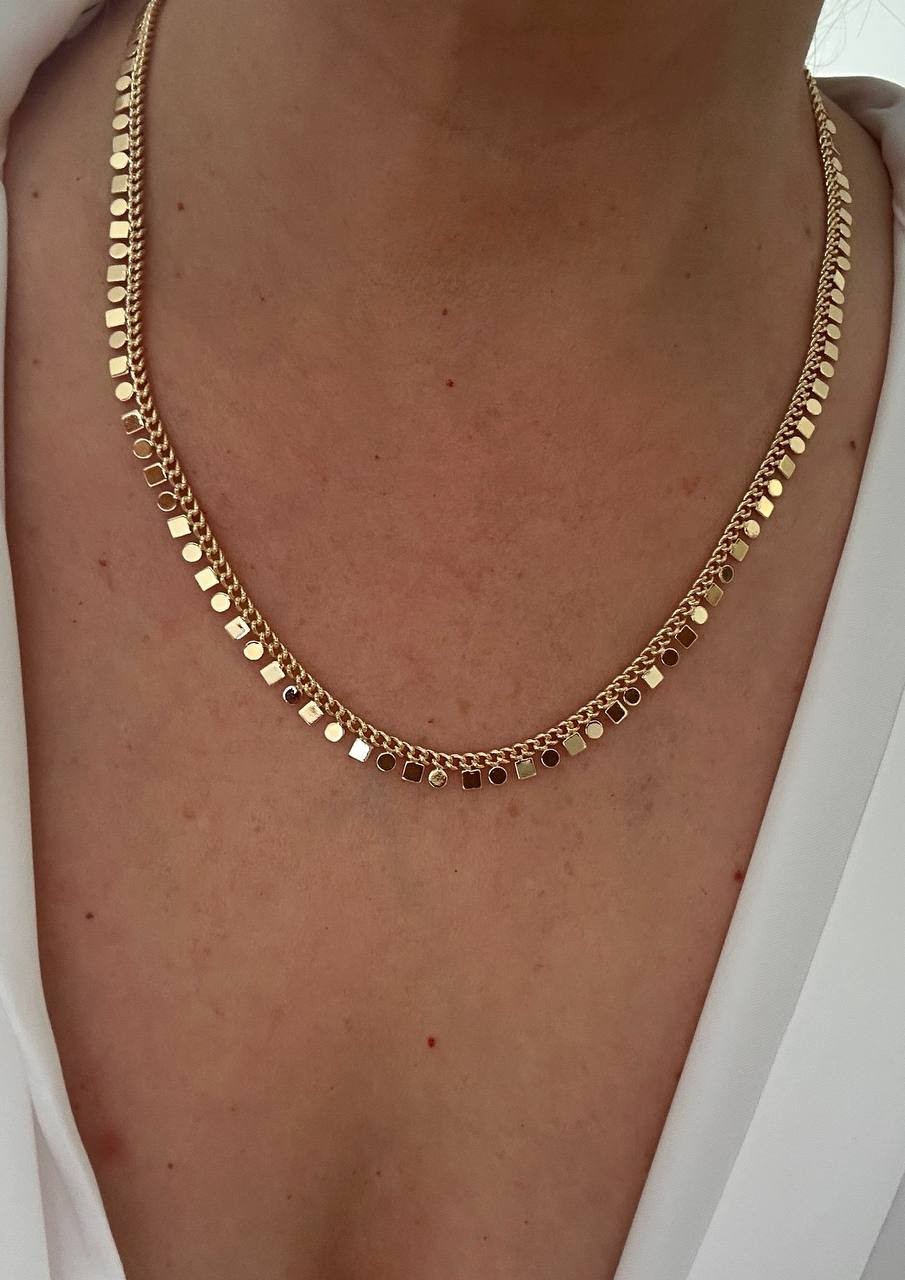Vip Çelik Gold Renk Lazer Kesim Pul ve Kare Pul Detaylı Kolye Uzunluk 45 cm. 50 cm.