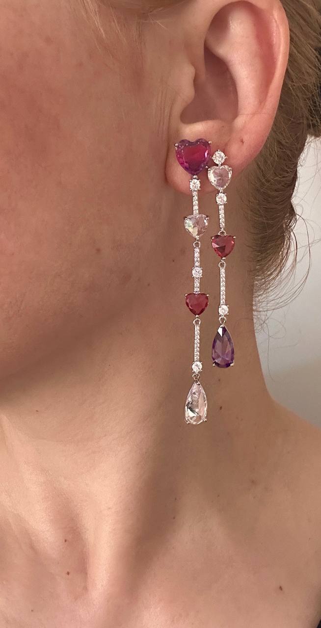 Vip Seri Gümüş Renk 925 K Gümüş Kaplama Zirkon Renkli Taşlı Özel Tasarım Küpe Uzunluk 8 cm.