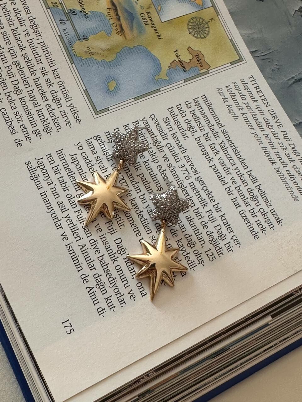 Gold ve Platin Renk Zirkon Taş Rodyum Kaplama Yıldız ve Kutup Yıldız Sallantılı Küpe Genişlik 1 cm. Uzunluk 4 cm.