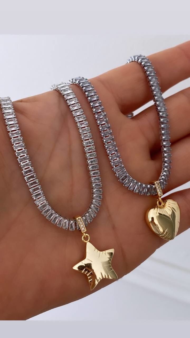 Platin Renk Zirkon Baget Taş Rodyum Kaplama Yıldız Sallantılı Su Yolu Choker Kolye Uzunluk 36 cm. Ek Klipsle 39 cm.