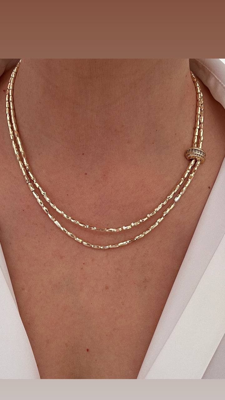 Vip Çelik Gold Renk Zirkon Baget Taşlı Özel Tasarım Çift Sıra Kolye Uzunluk 45 cm. 50 cm.