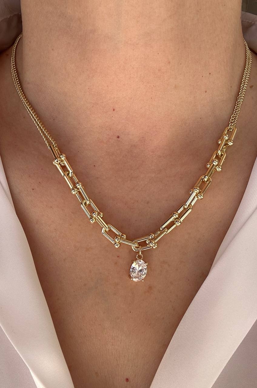 Vip Çelik Gold Renk Zirkon Taşlı Antialerjik Tasarım Kolye Uzunluk 40 cm. 45 cm.