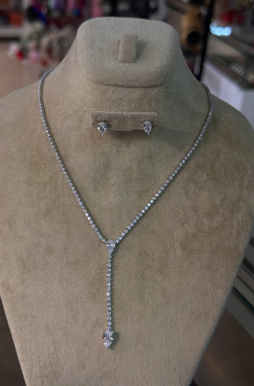 Vip Seri Gümüş Renk Zirkon Taşlı Rodyum Kaplama Su Yolu Kolye Küpe Set Takım Uzunluk 40 cm. 45 cm. Taş 2 mm.