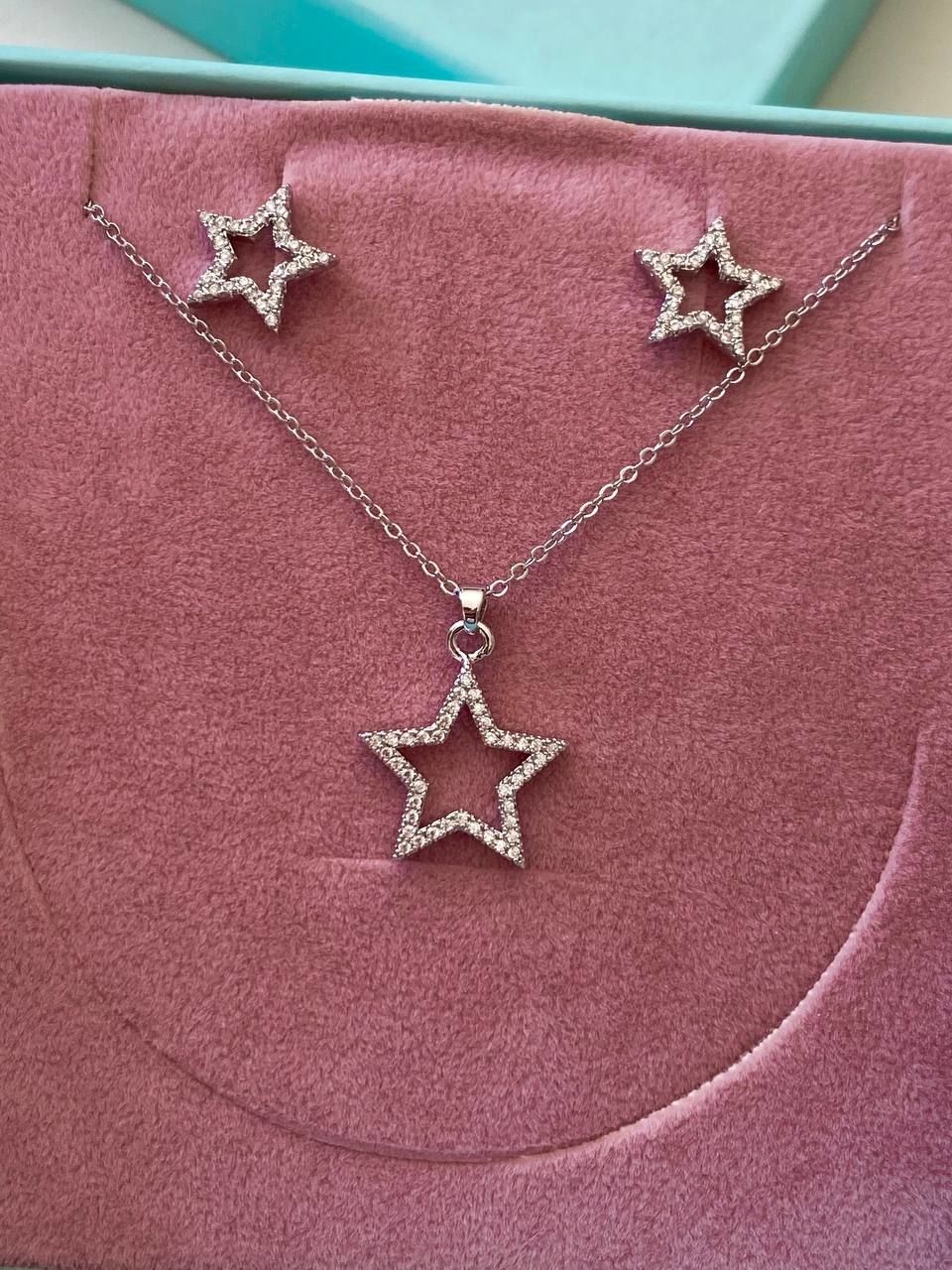 Platin Renk Rodyum Kaplama Zirkon Taş Yıldızı Sallantılı Kolye Küpe Set Takım Uzunluk 45 cm.