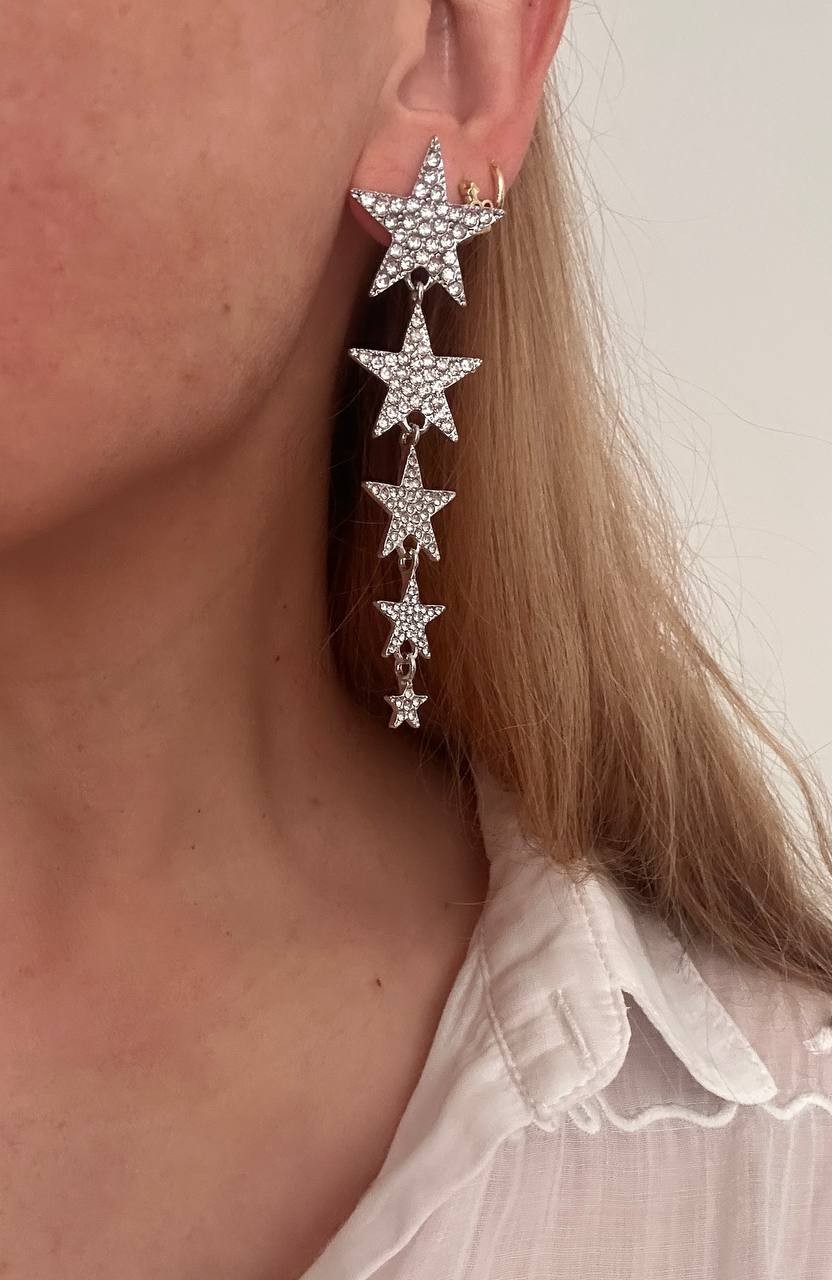 Vip Seri Gümüş Renk Zirkon Taşlı Rodyum Kaplama 5 Yıldız Sallantılı Küpe Uzunluk 8,5 cm.