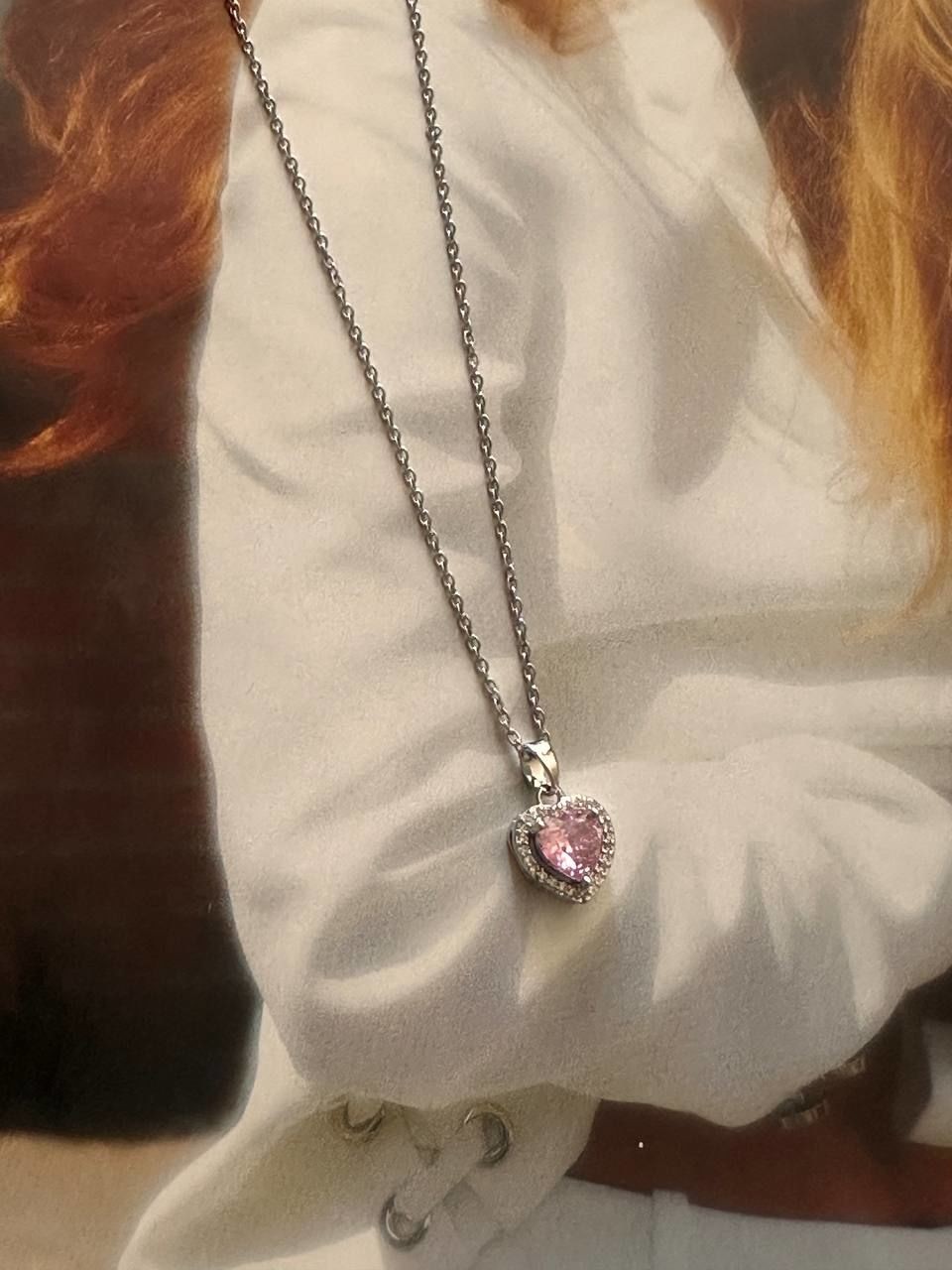 Paslanmaz Çelik Gümüş Renk Zirkon Pembe Kalp Taşlı Kolye Uzunluk 45 cm.