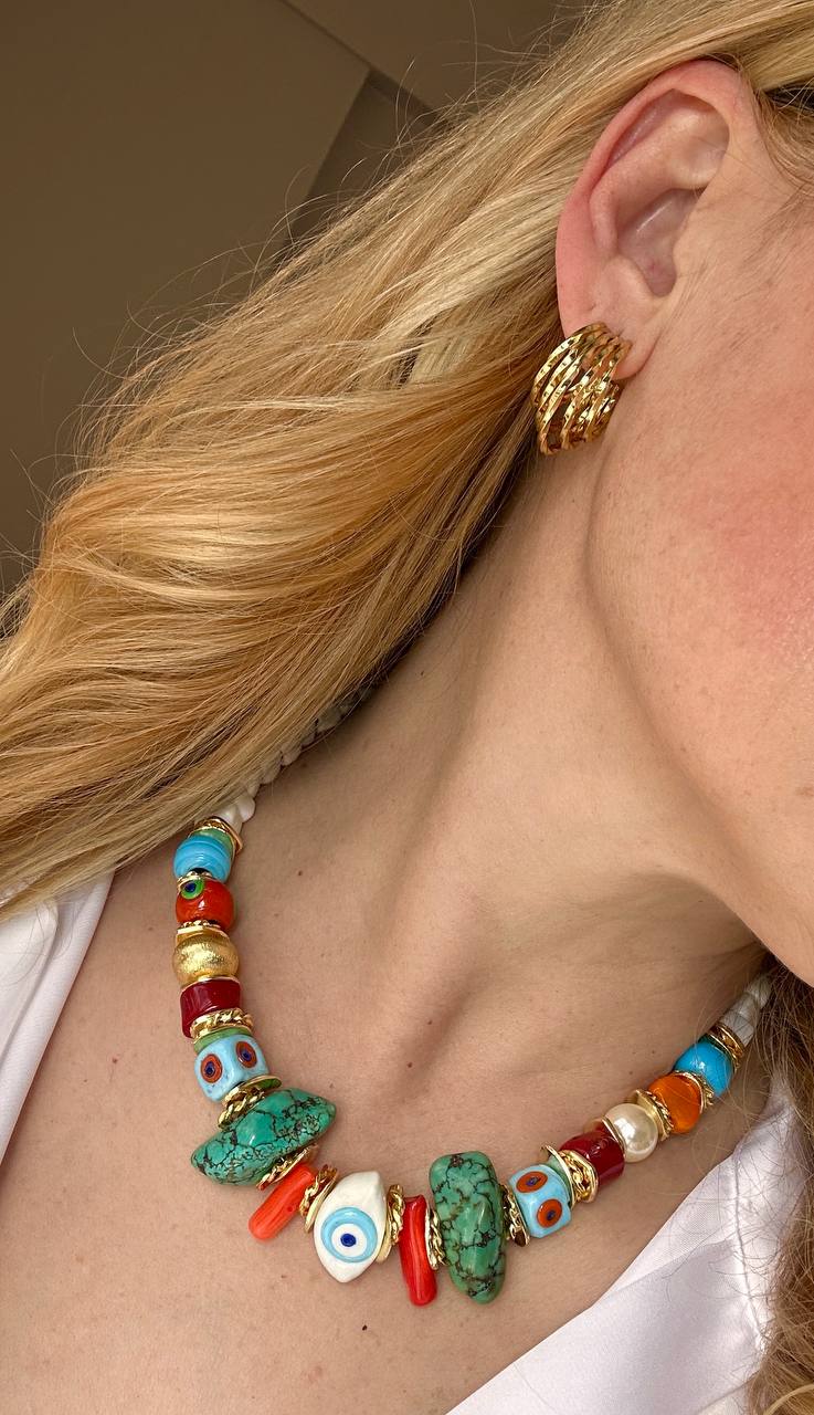 Gold Renk Altın Kaplama Orijinal Turkuaz ve Cam Boncuk Detaylı Kolye Uzunluk 45 cm. 50 cm.