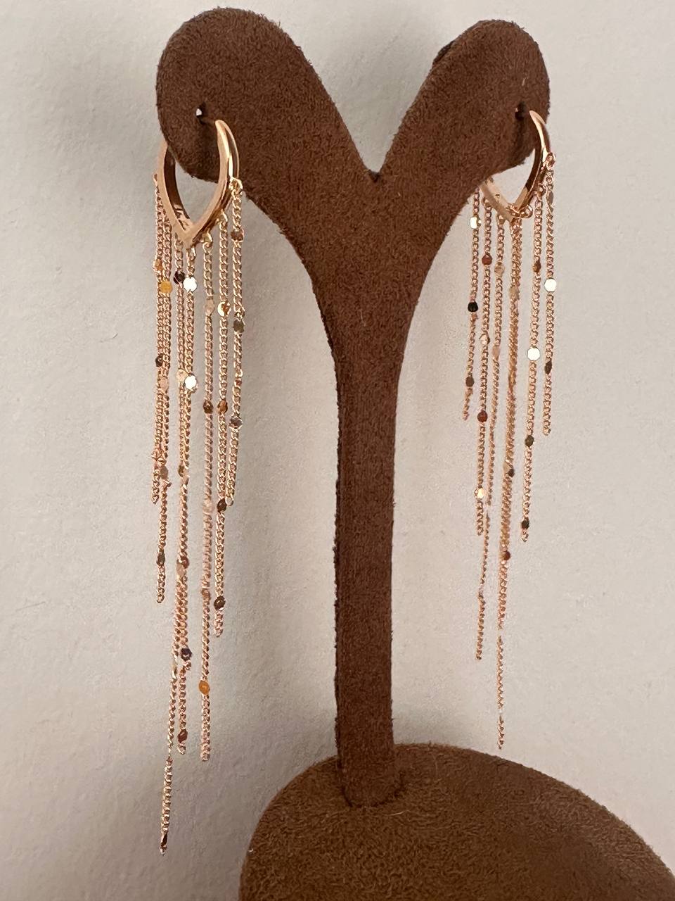 Vip Çelik Gold Renk Kalp Halka Figürlü Antialerjik Saçaklı Küpe Uzunluk 8 cm.