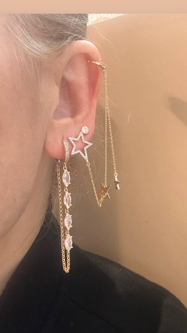 Vip Çelik Gold Renk Zirkon Taşlı Çift Sıralı Antialerjik Sallantılı Küpe Uzunluk 7 cm.