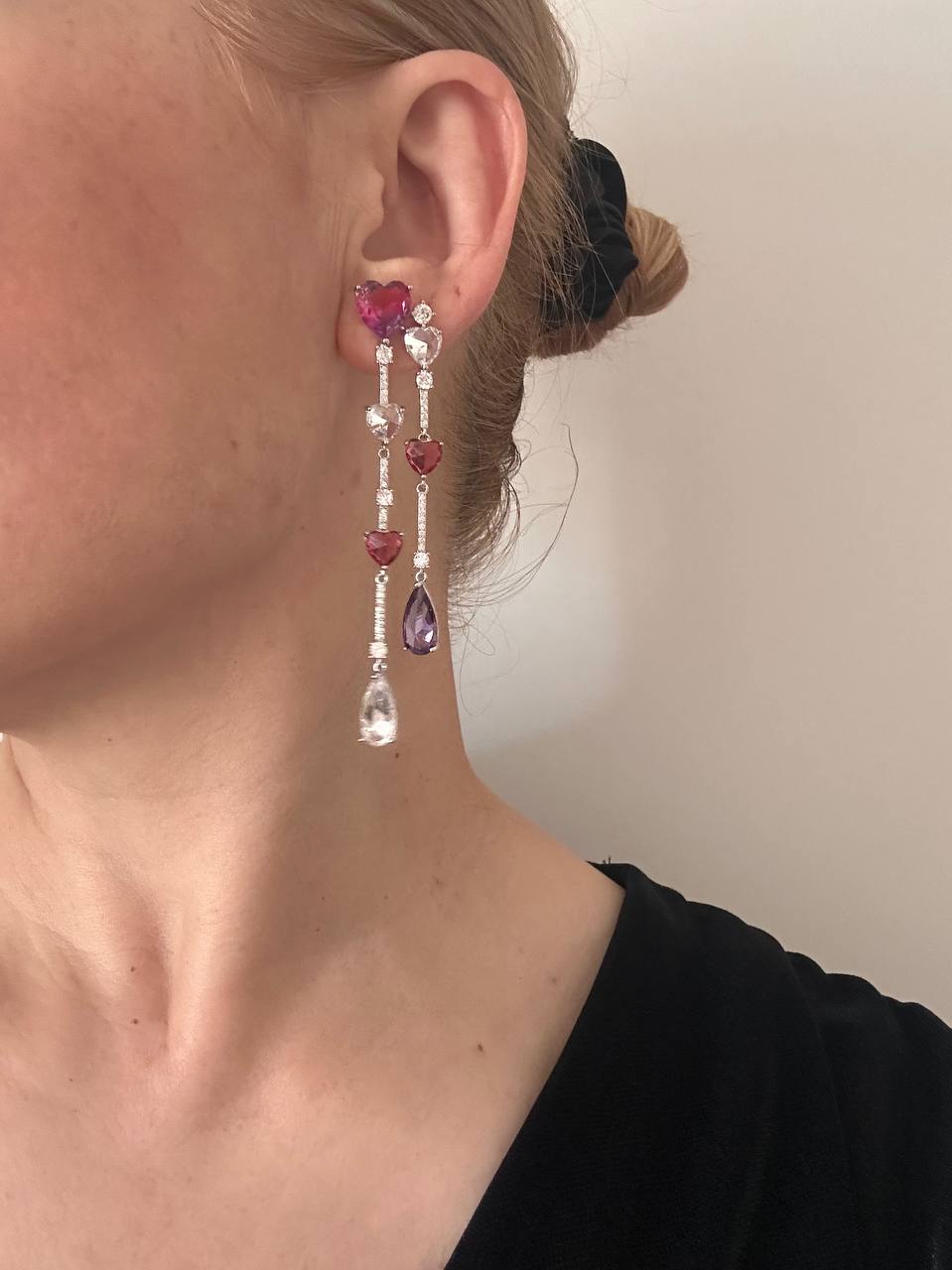 Vip Seri Gümüş Renk 925 K Gümüş Kaplama Zirkon Renkli Taşlı Özel Tasarım Küpe Uzunluk 8 cm.