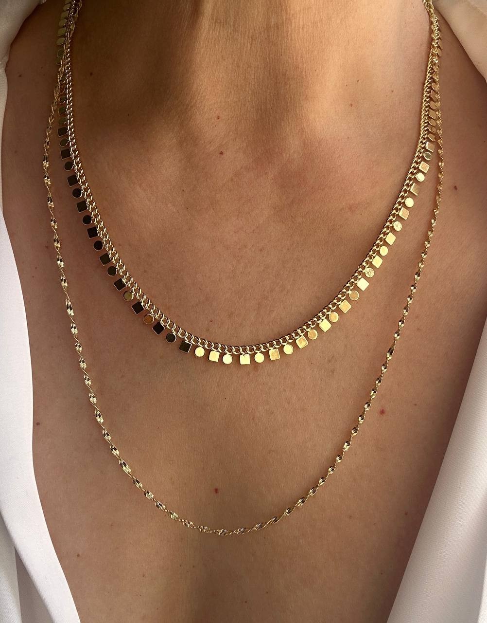 Vip Çelik Gold Renk Lazer Kesim Pul ve Kare Pul Detaylı Kolye Uzunluk 45 cm. 50 cm.