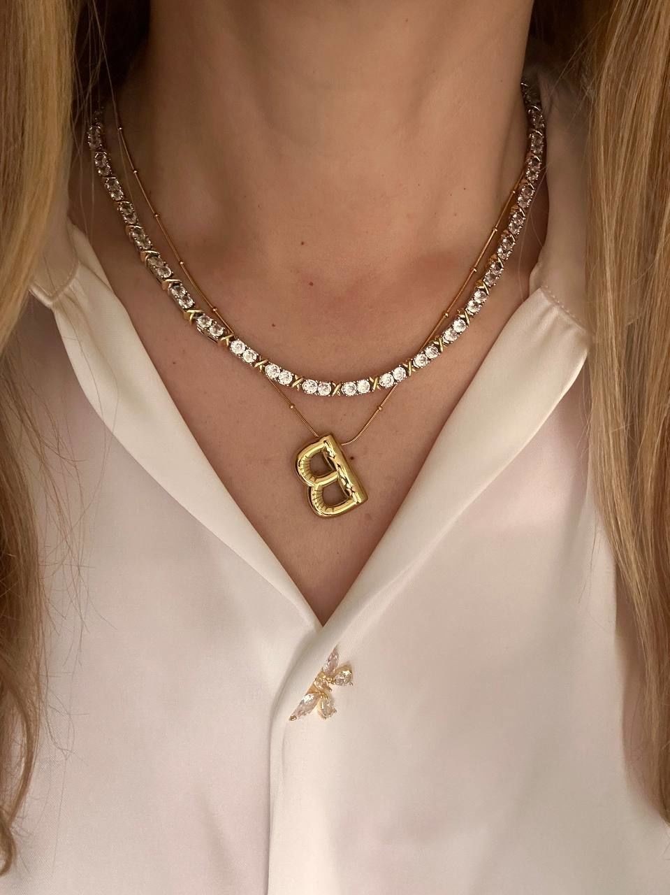Platin ve Gold Renk Zirkon Taşlı Rodyum Kaplama Marka Model Su Yolu Kolye Uzunluk 45 cm.