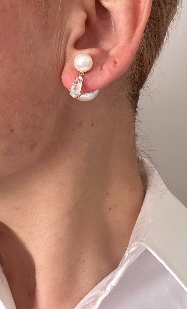 Vip Seri Gold Renk 925 K Gümüş Kaplama Zirkon Damla Taş ve Cam İncili Tasarım Küpe Uzunluk 2 cm.