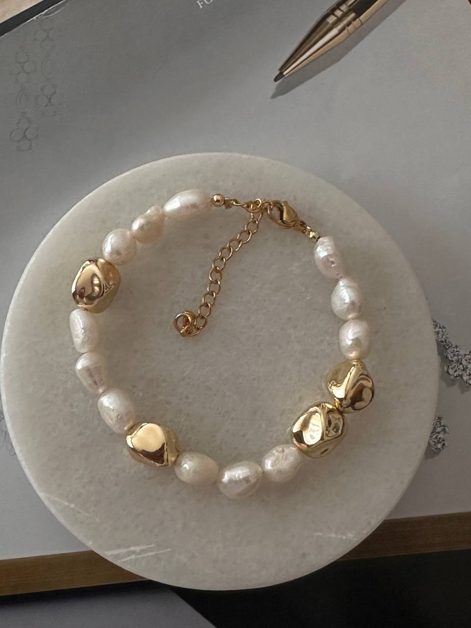 Vip Çelik Gold Renk Orijinal Doğal İnci Bileklik Uzunluk Min. 17 cm. Max. 22 cm.