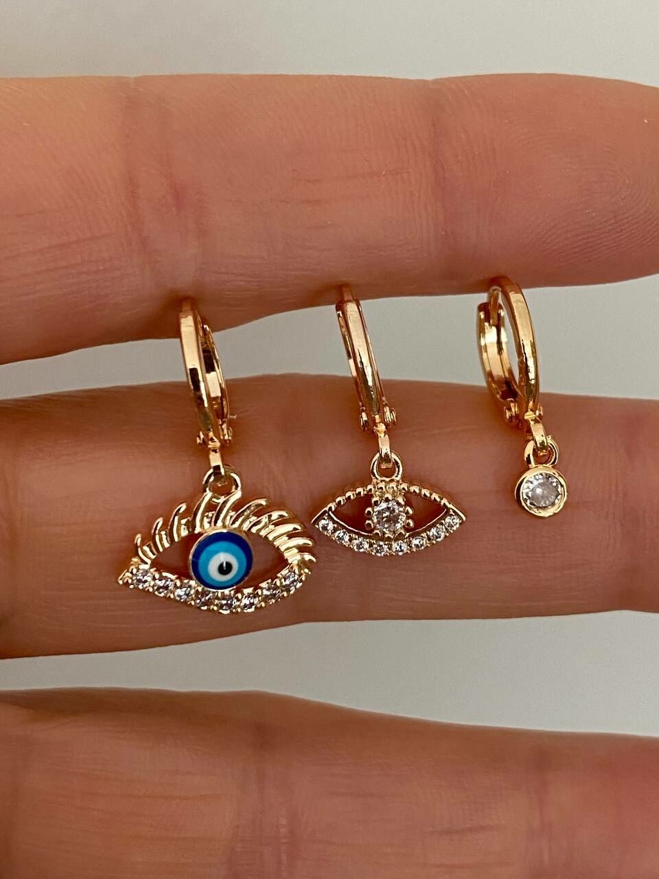Vip Çelik Gold Renk Zirkon Taş Antialerjik Göz Figürlü 3'lü Kombin Halka Küpe