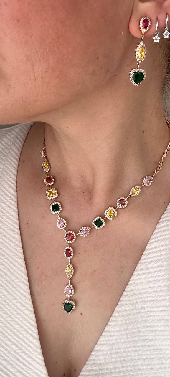 Vip Çelik Gold Renk Zirkon Renkli Taşlı Premium Seri Antialerjik Kolye Küpe İkili Set Takım Kolye 42 cm. Küpe 4,5 cm.