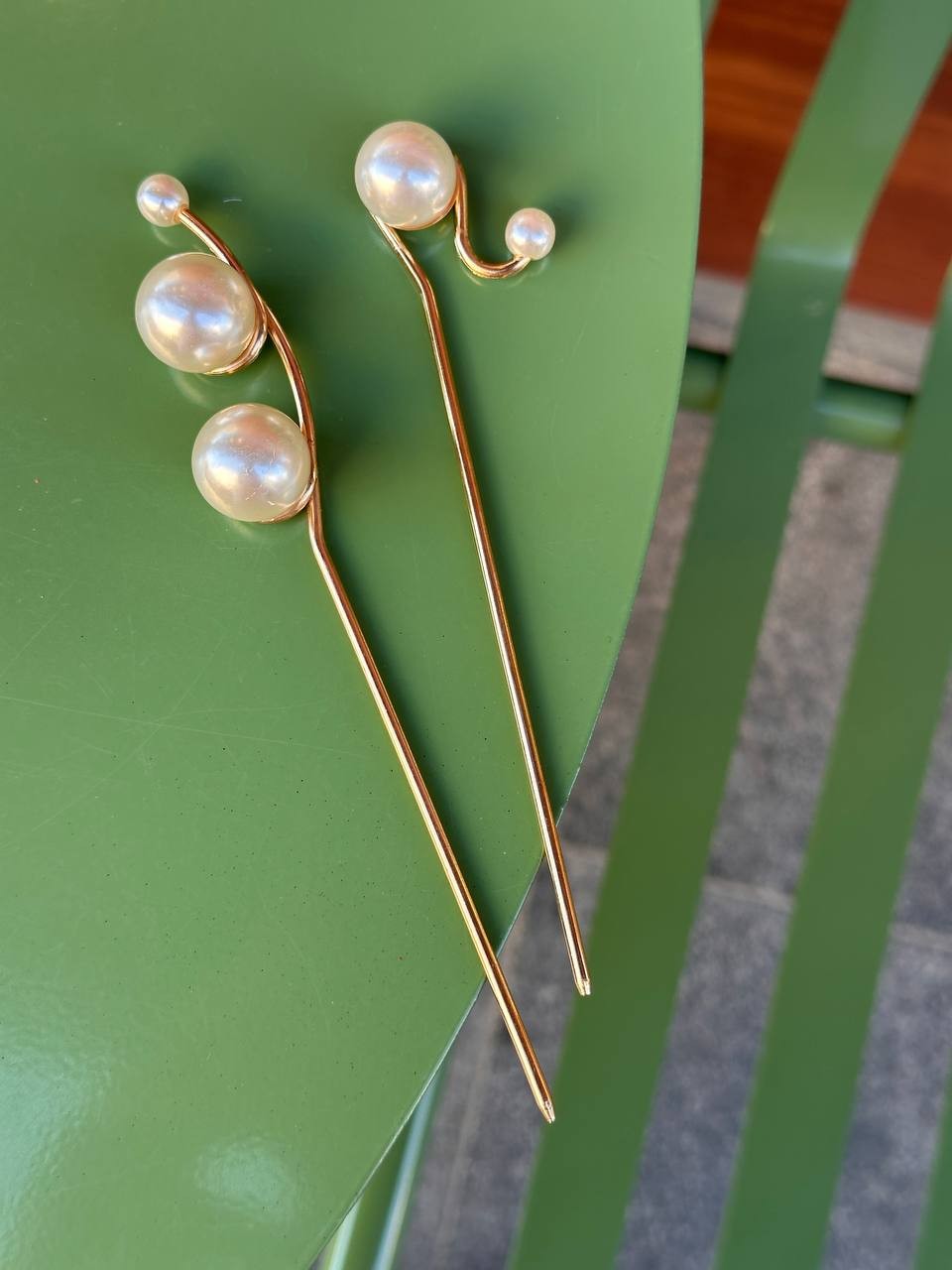 Metal Gold Renk İnci Detaylı 2'li Topuz Tokası Uzunluk 15 cm.