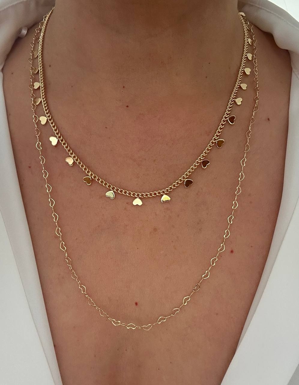 Vip Çelik Gold Renk İnce İç İçe Kalp Figürlü Kolye Uzunluk 60 cm.