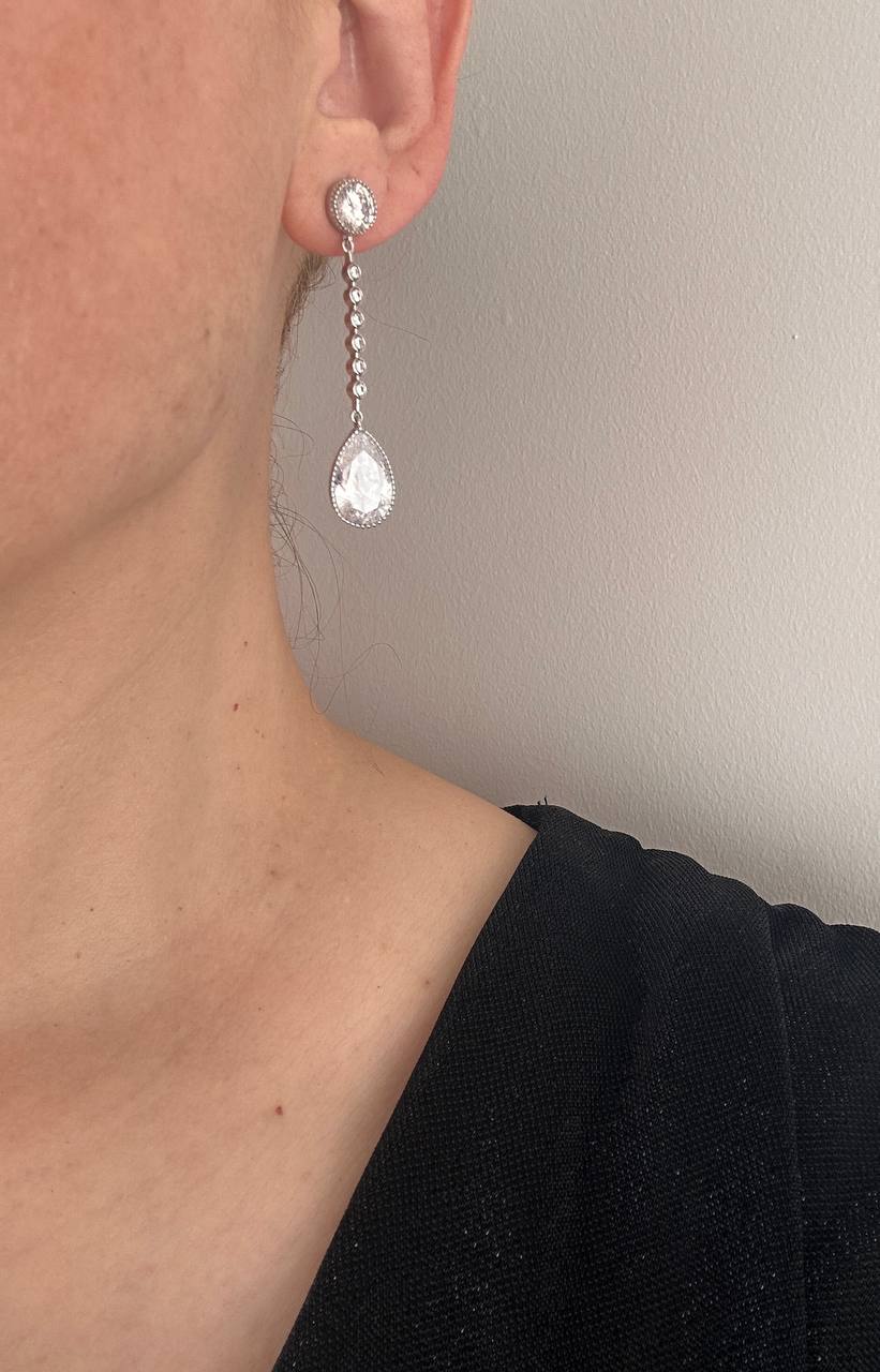 Vip Seri Gümüş Renk 925 K Gümüş Kaplama Zirkon Damla Taş Sallantılı Özel Tasarım Küpe Uzunluk 5,5 cm.