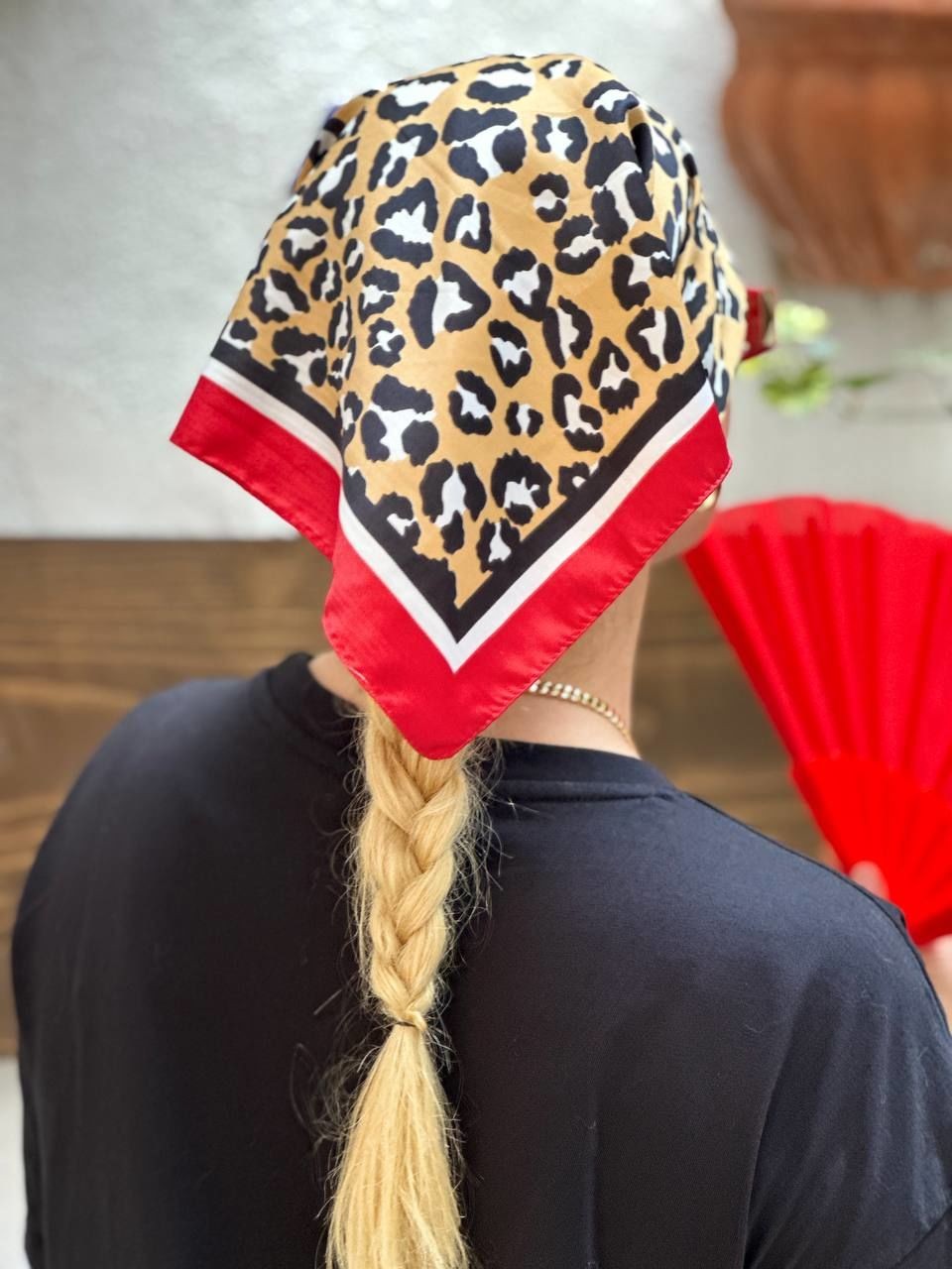 Renkli Leopar Desenli Saten Kumaş Kare Bandana / Fular 53 cm. x 53 cm.