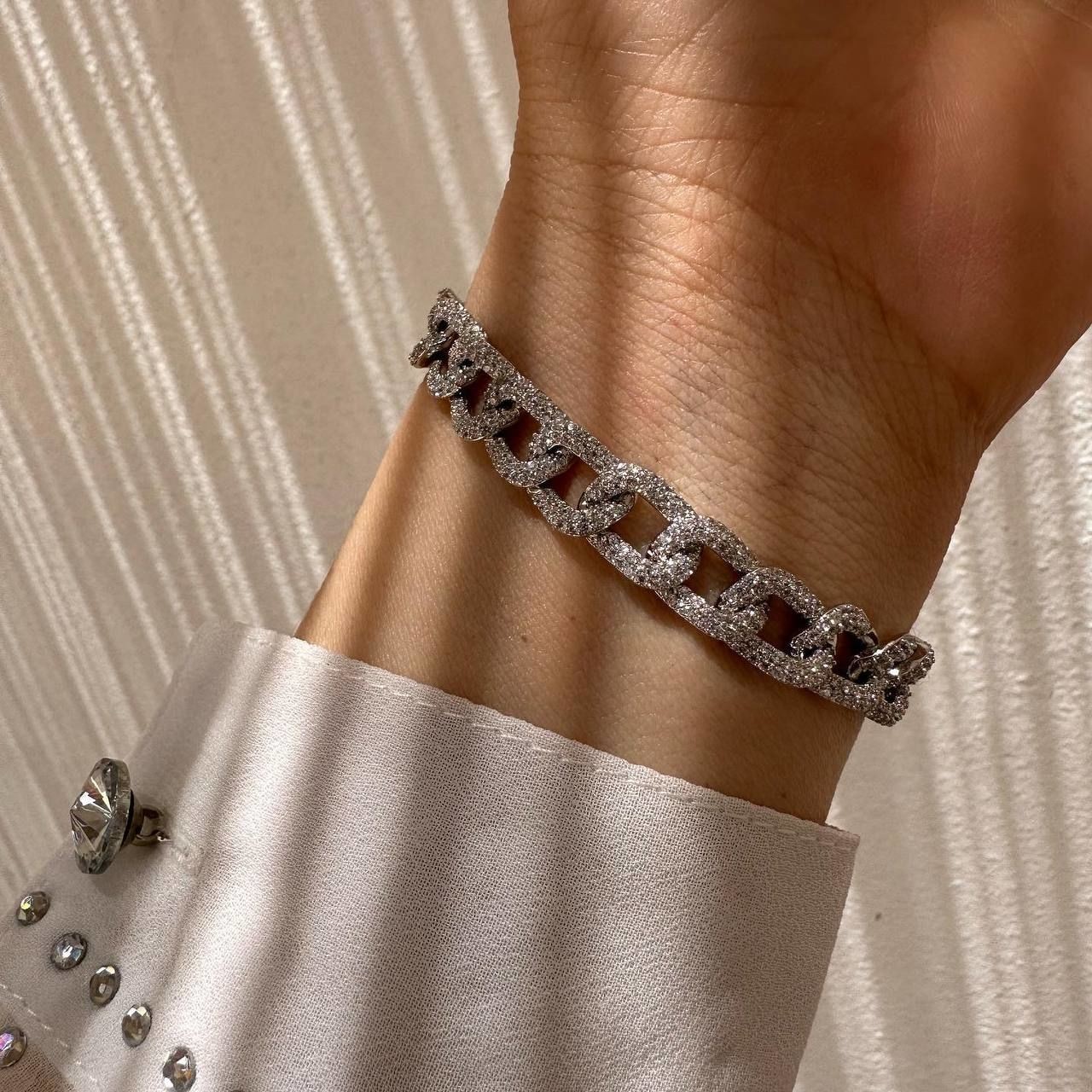 Vip Çelik Platin Renk Zirkon Taş Premium Seri Pırlanta İşçiliği Antialerjik Gurmet Zincir Bileklik Uzunluk 17,5 cm.