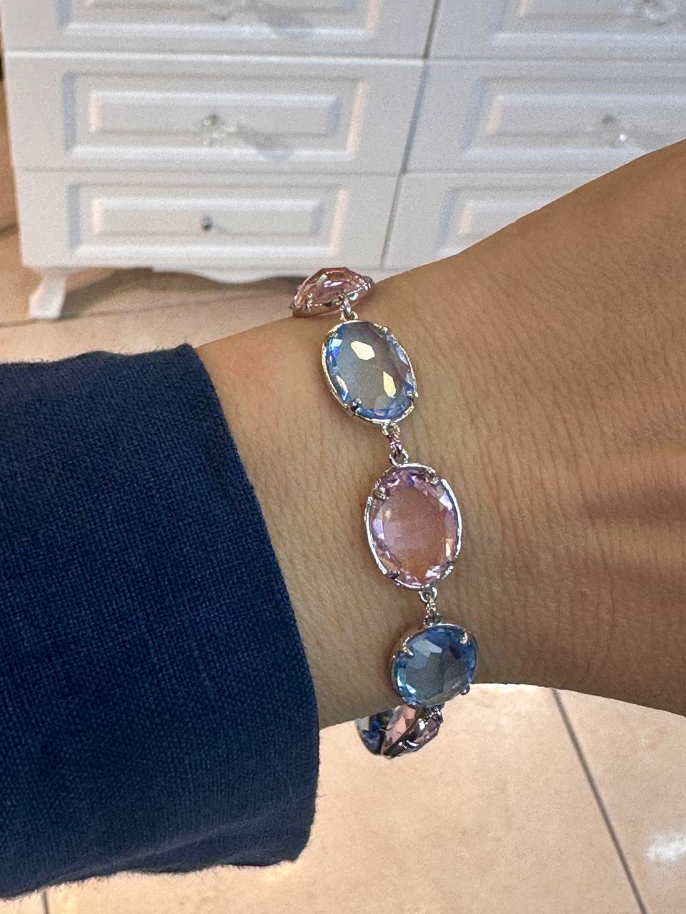 Vip Çelik Gümüş Renk Zirkon Pembe ve Mavi Taşlı Premium Seri Bileklik Uzunluk 17 cm. 21 cm.
