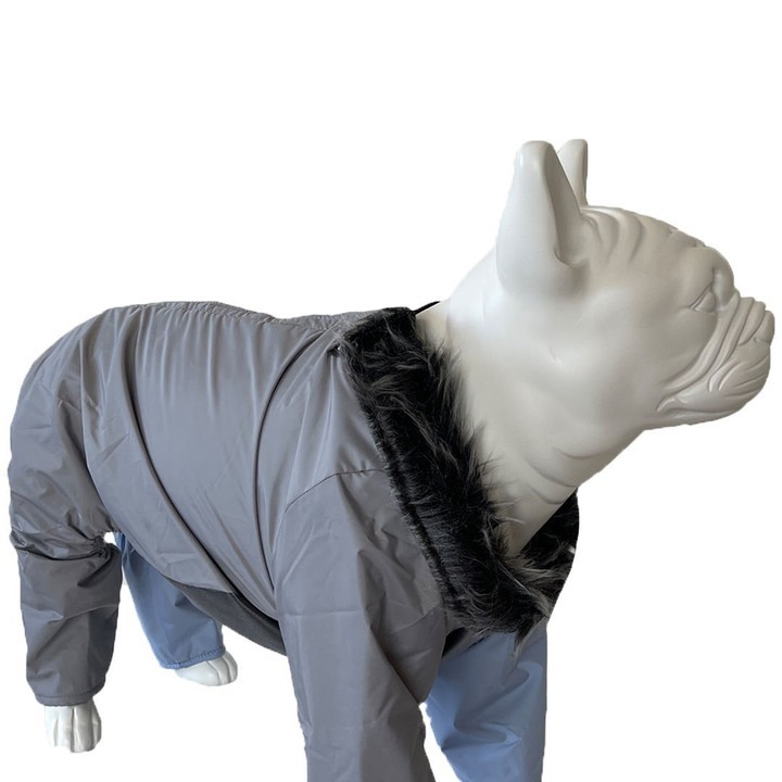 Su Geçirmez, Boynu Kürklü Gri-Mavi Patchwork Köpek Kıyafeti