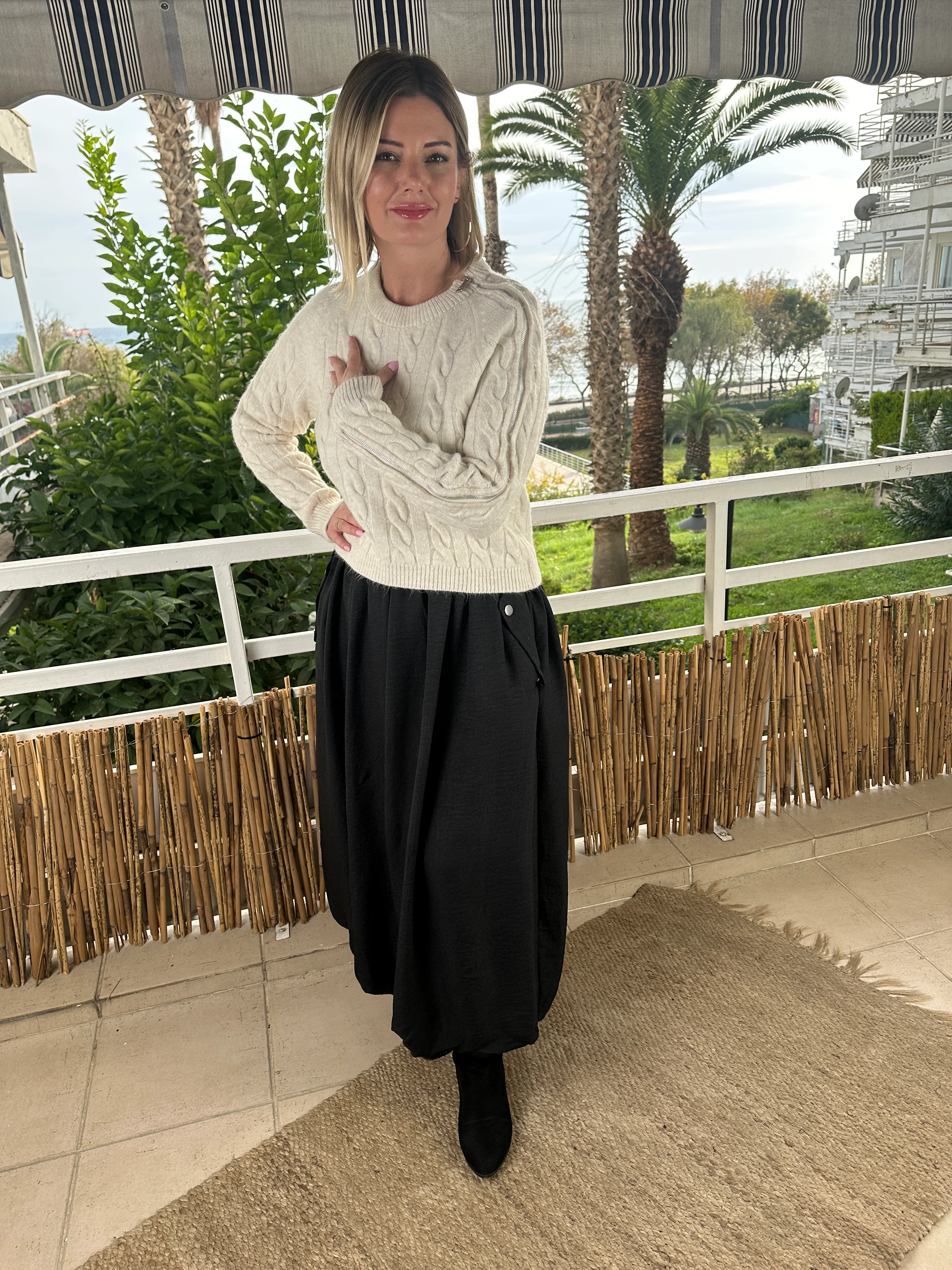 Fermuarlı triko ekru 