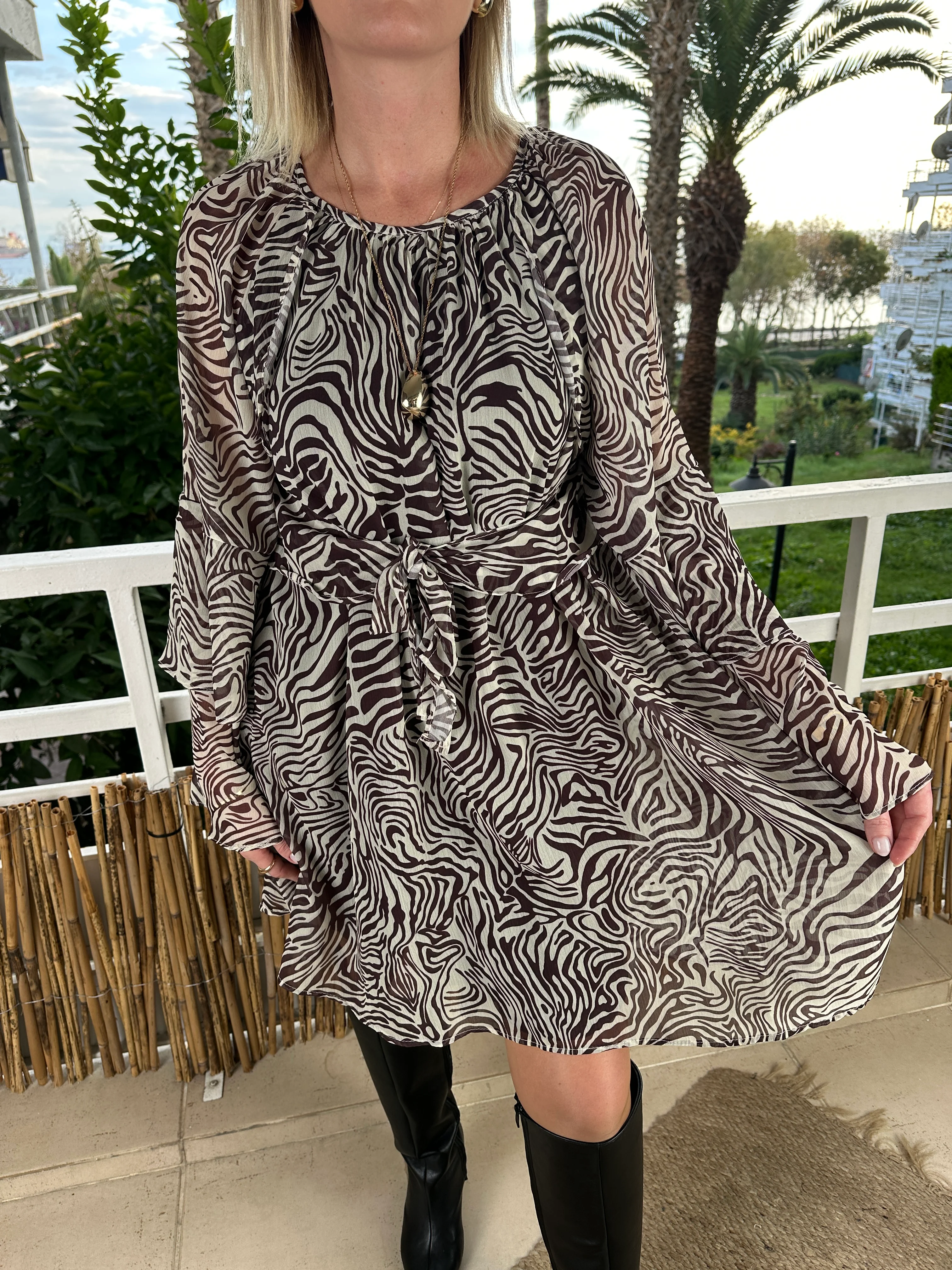 Zebra desen Şifon elbise 