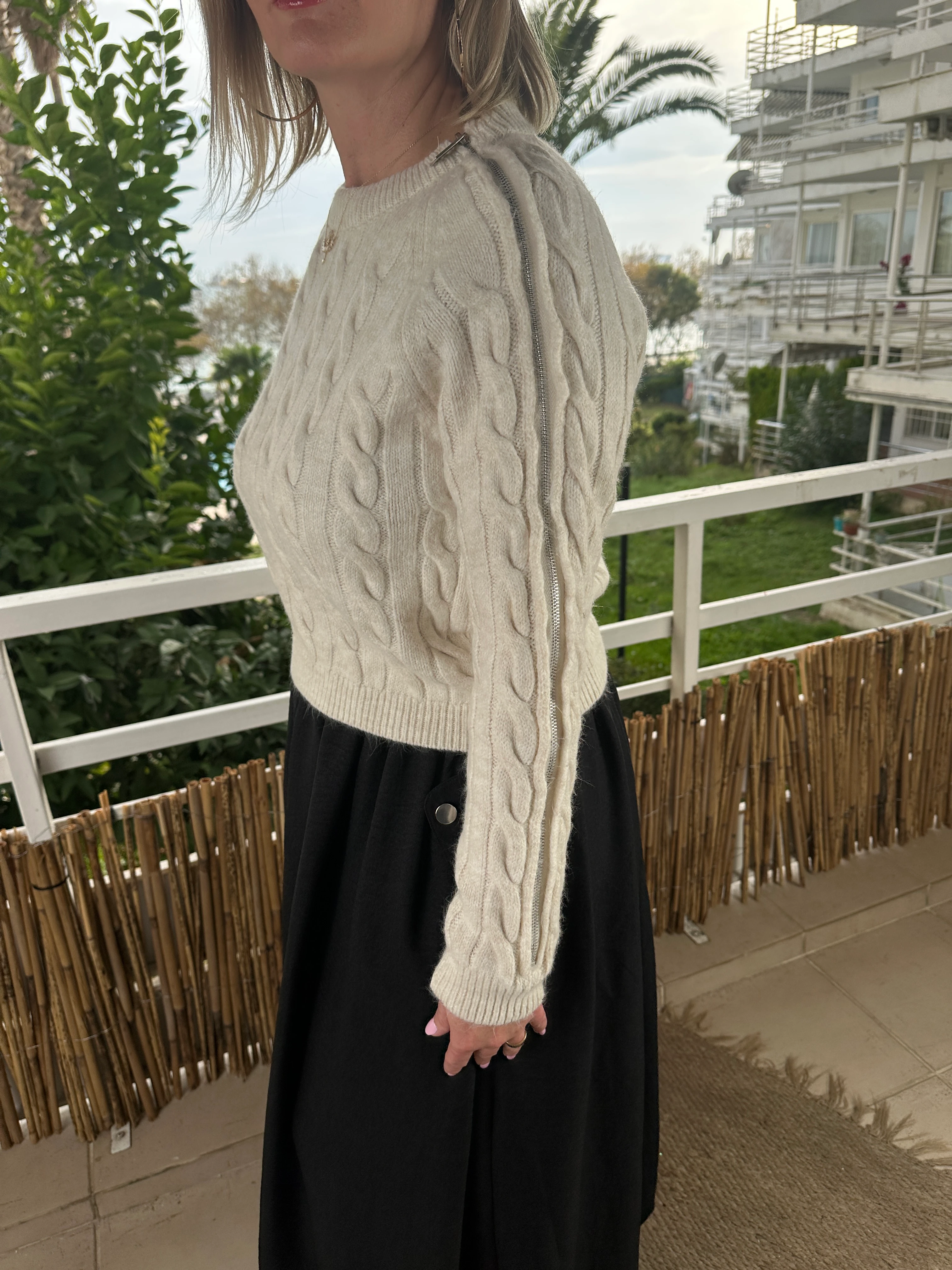 Fermuarlı triko ekru 