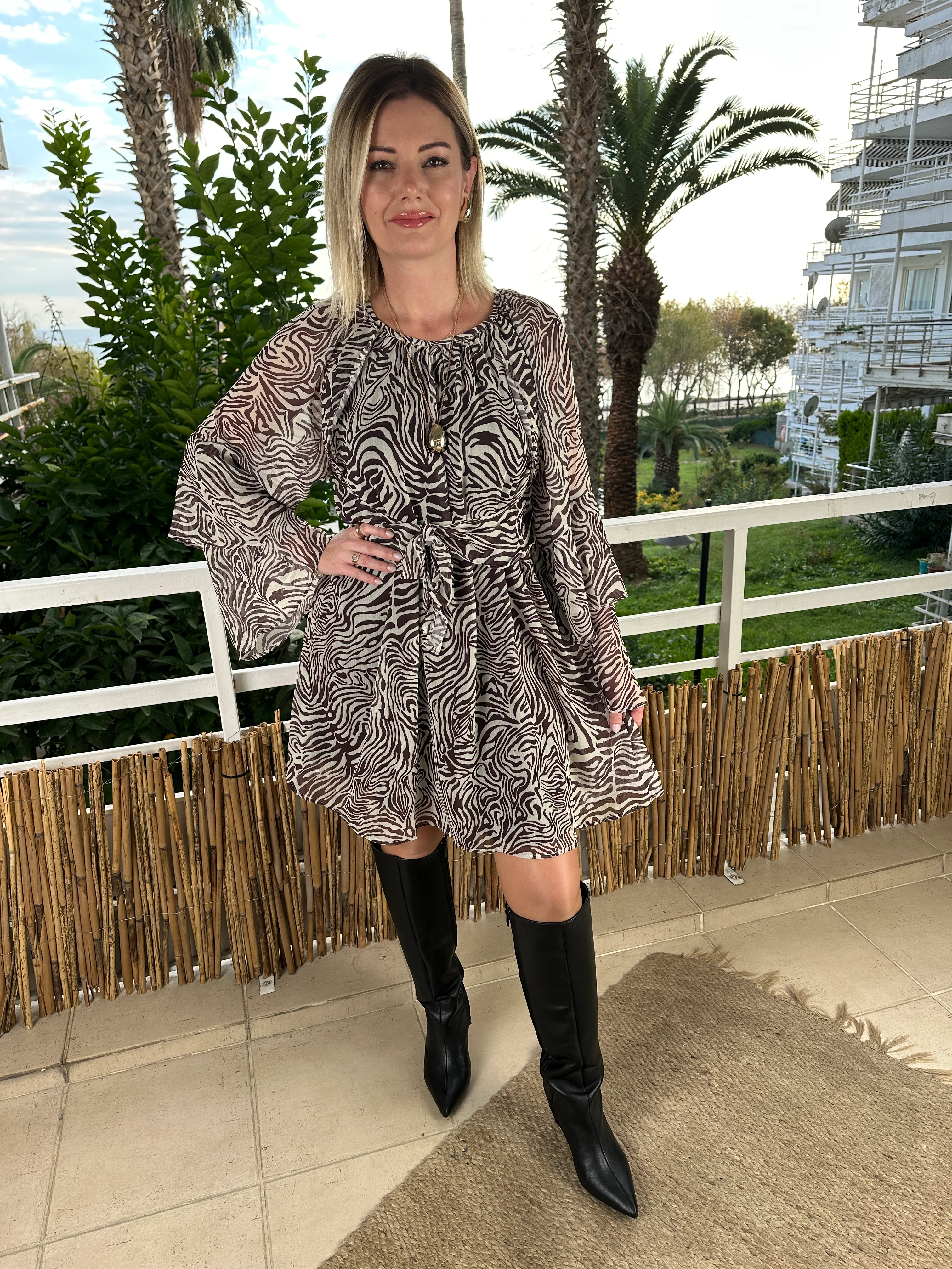 Zebra desen Şifon elbise 