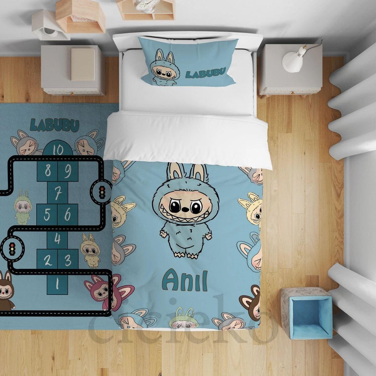 Mavi Labubu 5'li Set Halı, Perde, Nevresim, Avize, Kırlent Kılıfı