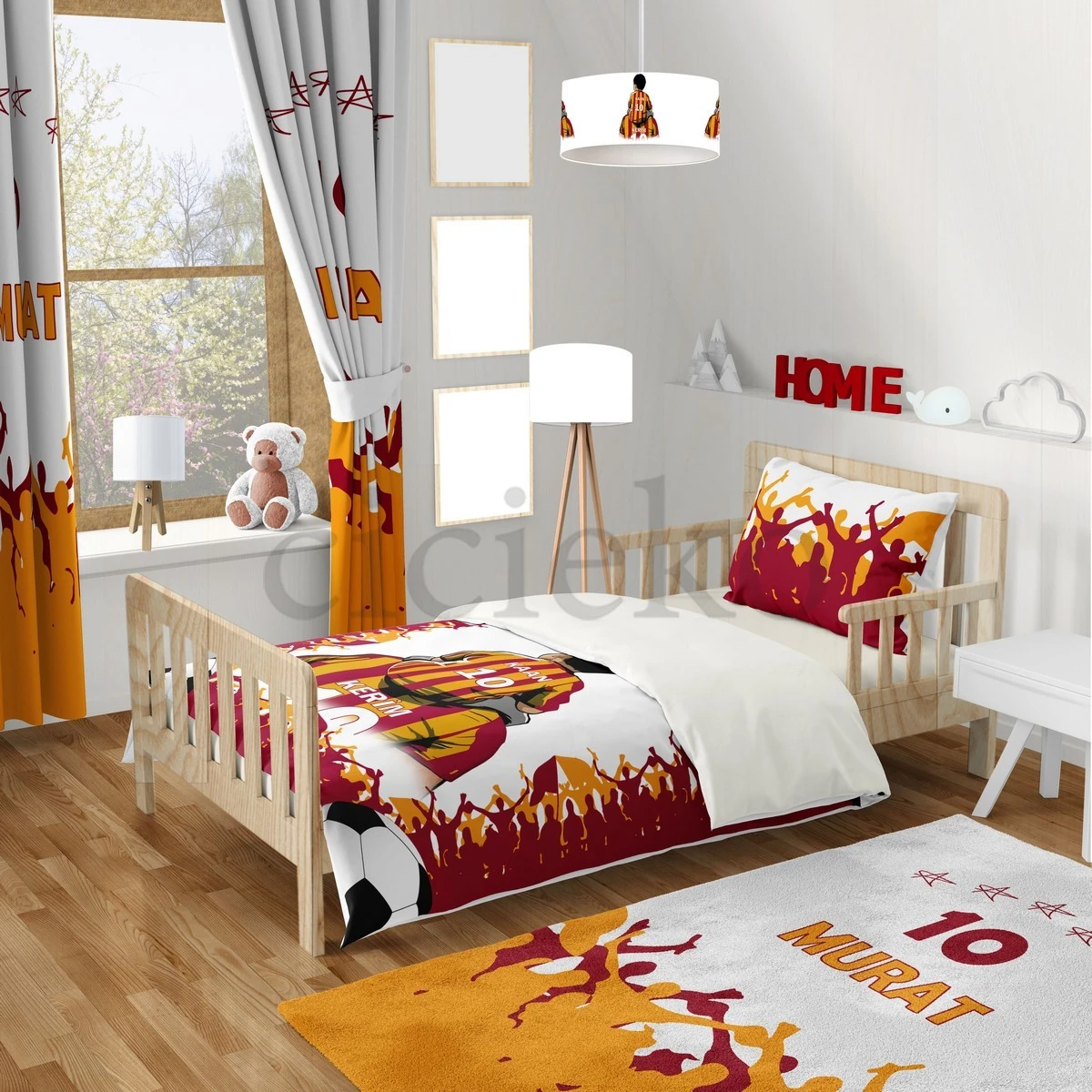 Sarı Kırmızı Baba Oğul Taraftar 5'li Set Halı, Perde, Nevresim, Avize, Kırlent Kılıfı