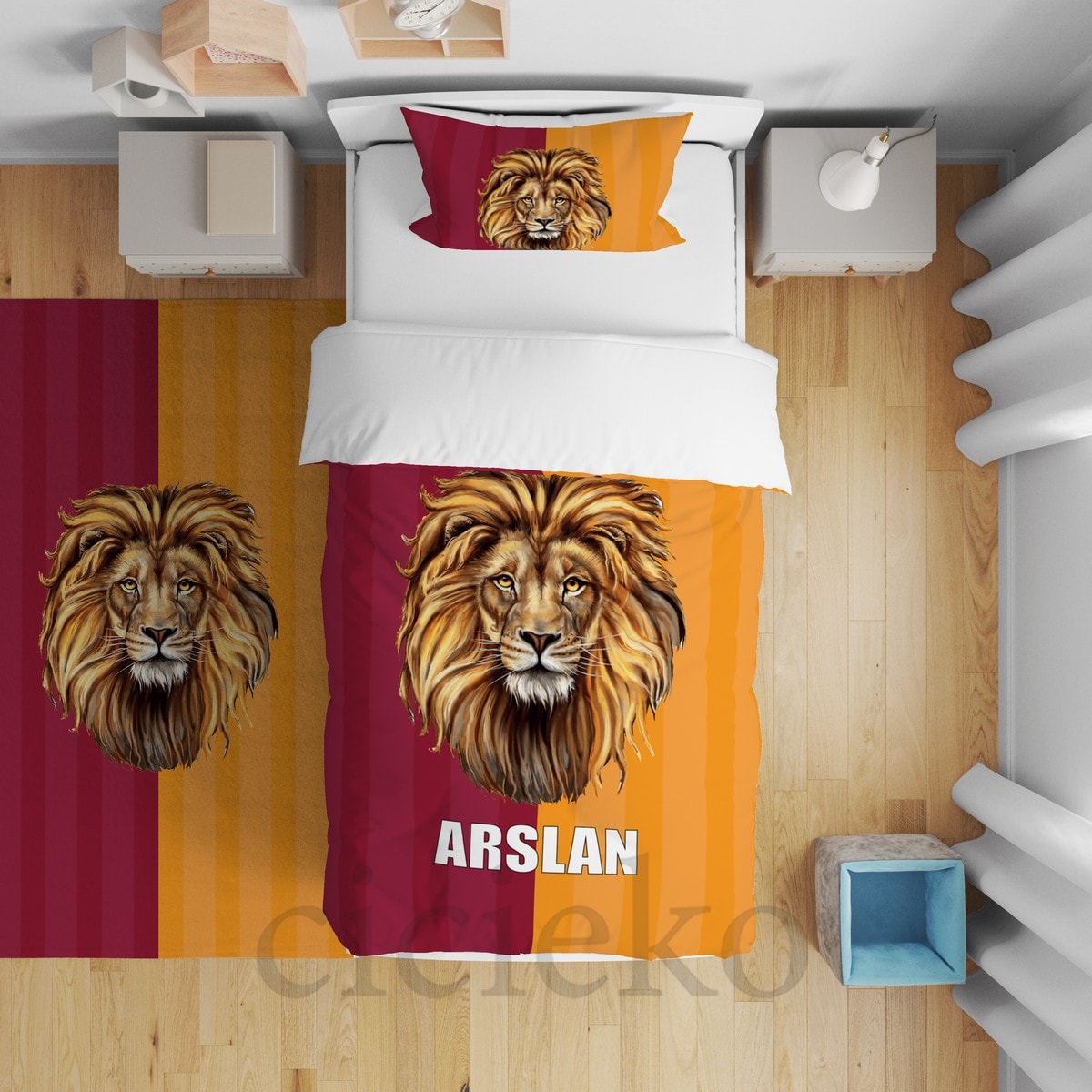 Sarı Kırmızı Aslan Çocuk Odası Yatak Örtüsü