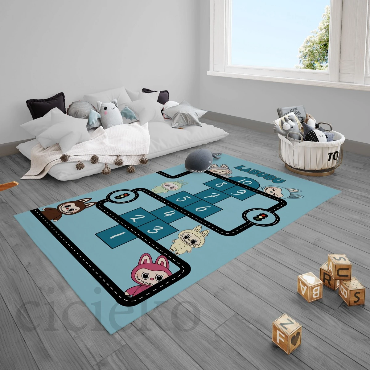 Mavi Labubu 5'li Set Halı, Perde, Nevresim, Avize, Kırlent Kılıfı