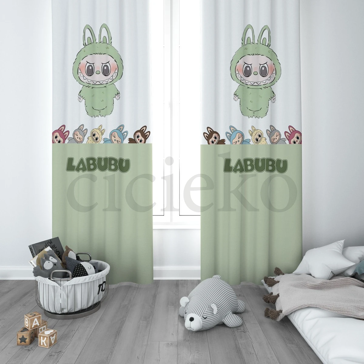 Yeşil Labubu 5'li Set Halı, Perde, Nevresim, Avize, Kırlent Kılıfı