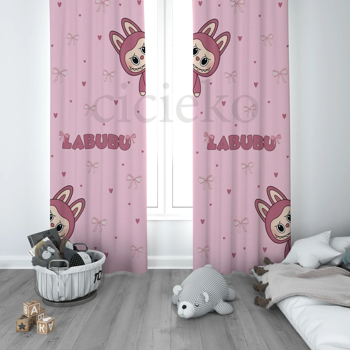 Pembe Labubu 5'li Set Halı, Perde, Nevresim, Avize, Kırlent Kılıfı