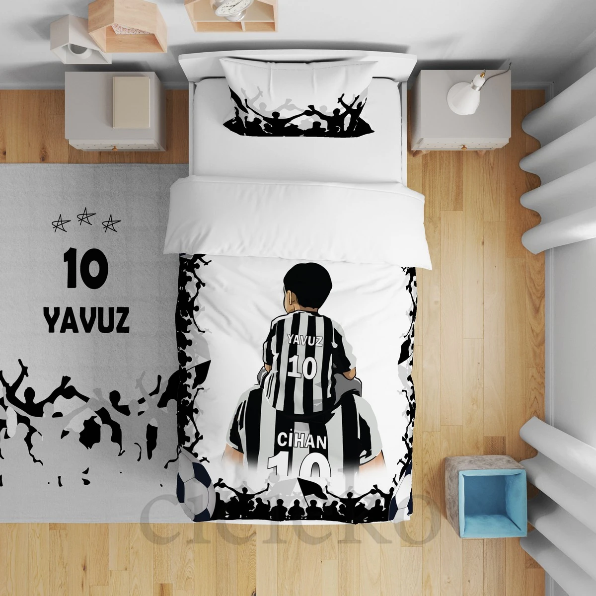 Siyah Beyaz Baba Oğul  5'li Set Halı, Perde, Nevresim, Avize, Kırlent Kılıfı