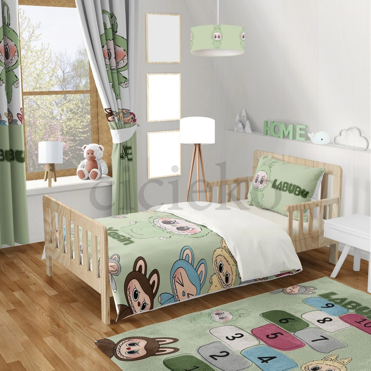 Yeşil Labubu 5'li Set Halı, Perde, Nevresim, Avize, Kırlent Kılıfı