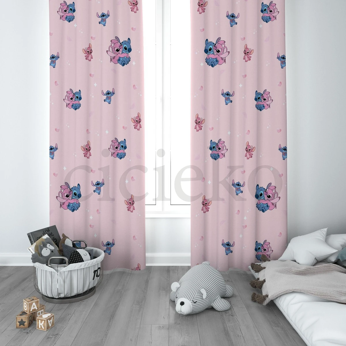 Pembe Stitch Çocuk Odası Perdesi 1 Kanat